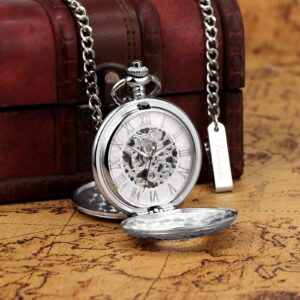 TREEWETO Men's Mechanical Skeleton Pocket Watch for Mens Women Roman Numerals Dial Silver Tone Double Case Pocket Watches