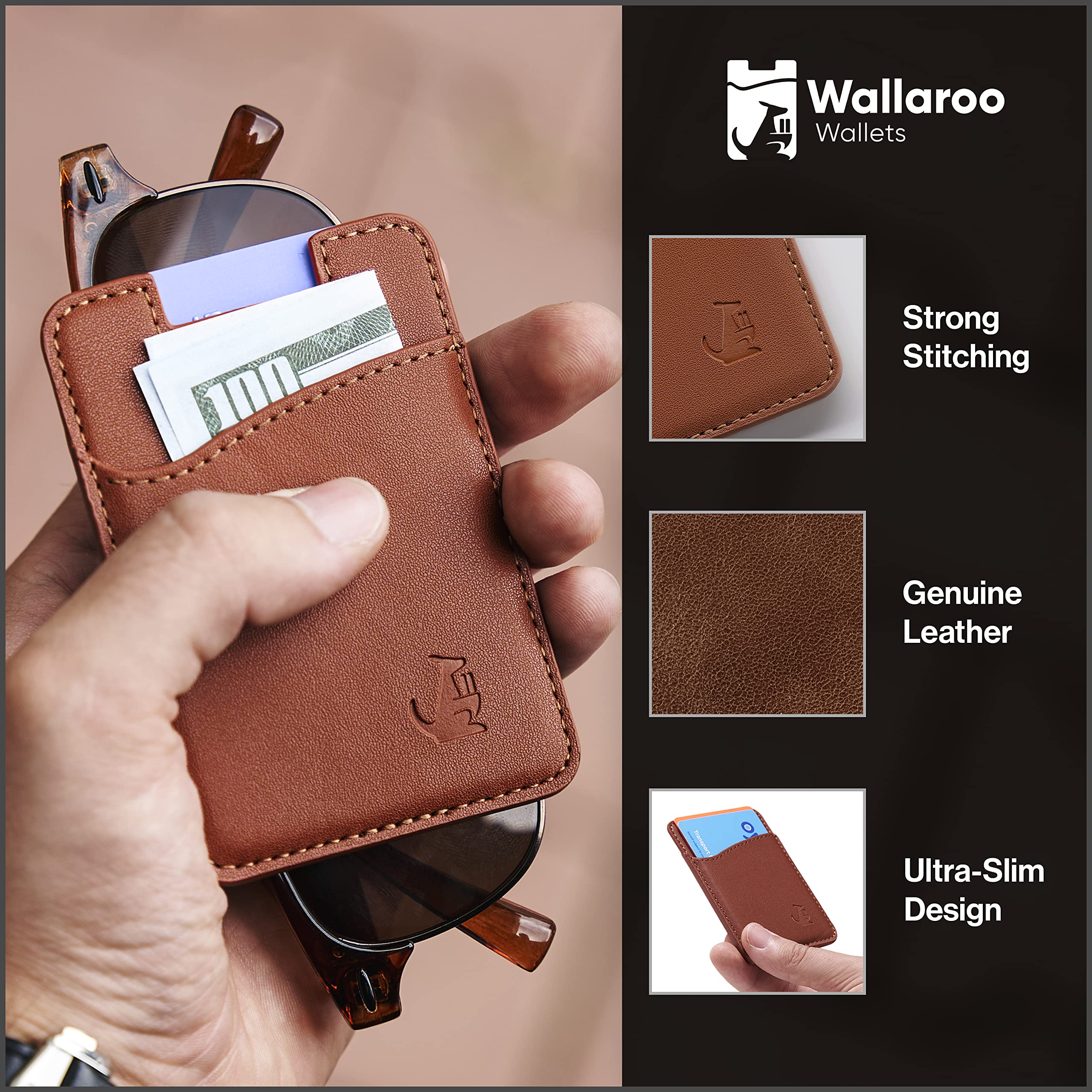 Wallaroo Wallets Slim Leather Card Holder Wallet - Brown, Minimalist, Thin, Front Pocket, Genuine Leather Credit Card Holder for Easy Work and Travel