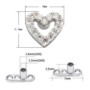 Excepro 1PCS Dermal Anchor G23 Titanium White Shiny Heart Shaped CZ Body Jewelry Anchor Dermal Tops