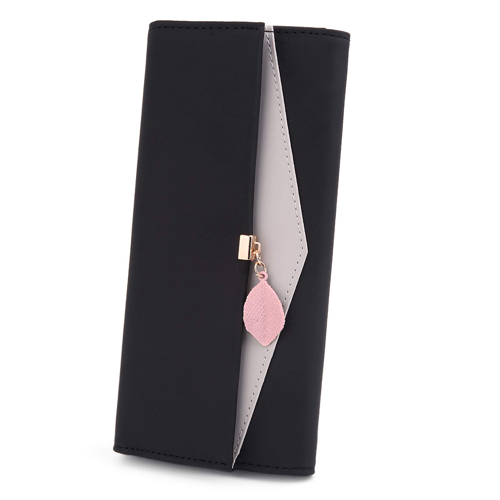 UTO Wallet for Women Leather Vegan Girls Wallet Leaf Pendant Card Holder Phone Checkbook Organizer Zipper Coin Purse