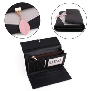 UTO Wallet for Women Leather Vegan Girls Wallet Leaf Pendant Card Holder Phone Checkbook Organizer Zipper Coin Purse