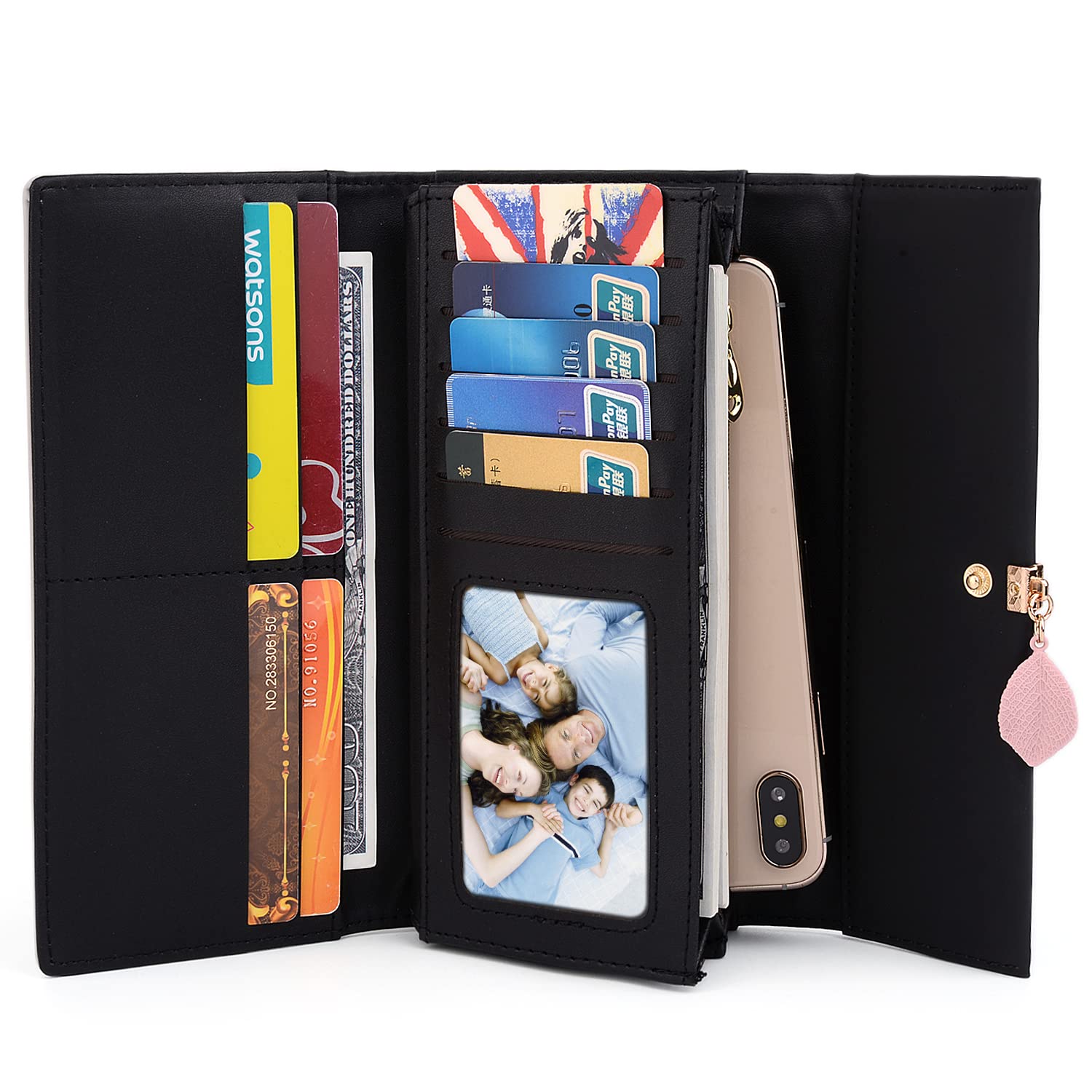 UTO Wallet for Women Leather Vegan Girls Wallet Leaf Pendant Card Holder Phone Checkbook Organizer Zipper Coin Purse