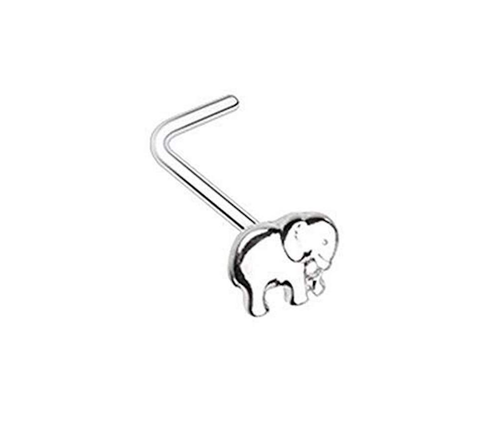 Amelia Fashion 20 Gauge Cute Wild Elephant L-Shape Nose Stud All 316L Surgical Steel (Steel Elephant)