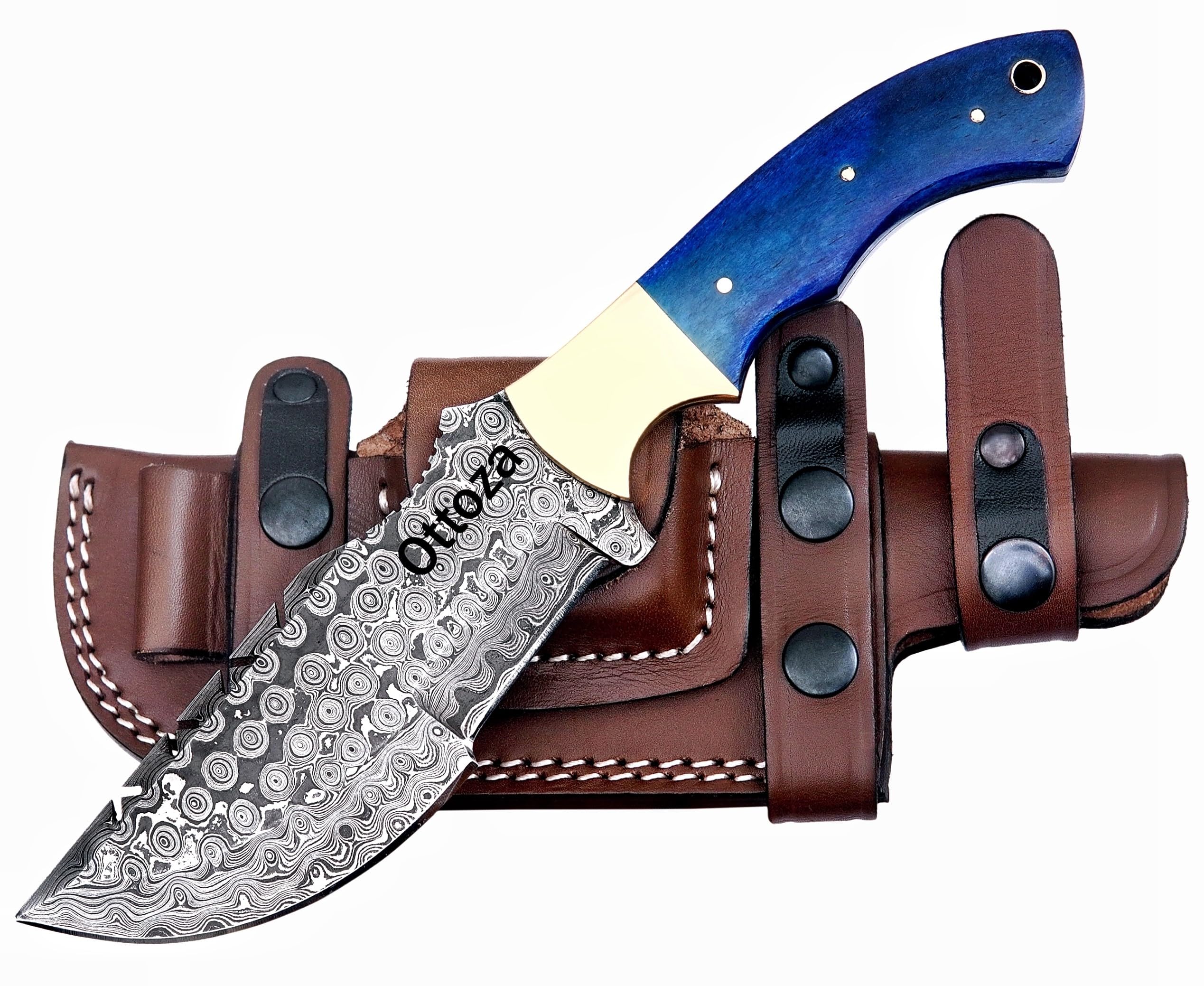 Ottoza Tracker Knife & Bone Handle - Damascus Hunting Knife - Horizontal Carry Knife Sheath 198