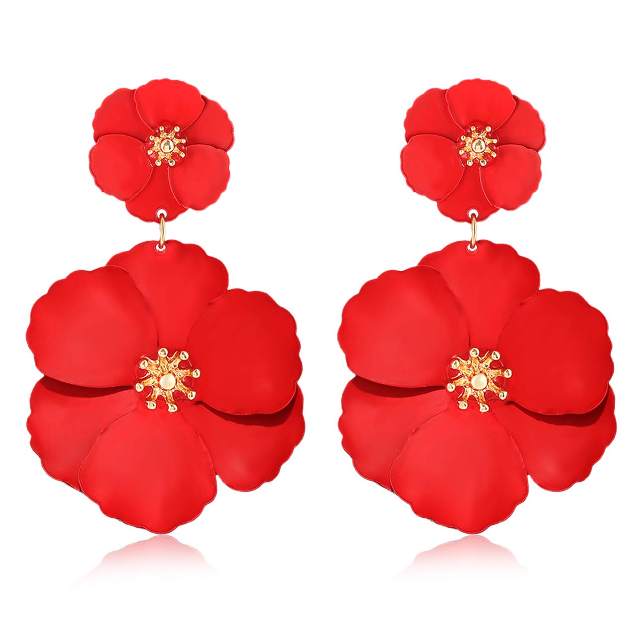 CEALXHENY Flower Dangle Earrings Boho Layered Floral Petal Drop Earrings Statement Stud Earring for Women (A-Red)