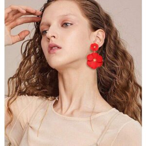 CEALXHENY Flower Dangle Earrings Boho Layered Floral Petal Drop Earrings Statement Stud Earring for Women (A-Red)