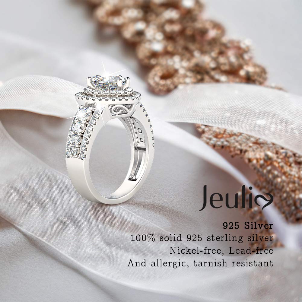 Jeulia Double Halo Heart Cut Ring 925 Sterling Silver CZ Solitaire Engagement Ring White Diamond Promise Rings with Side Stones Romantic Gift for Her (6.5)