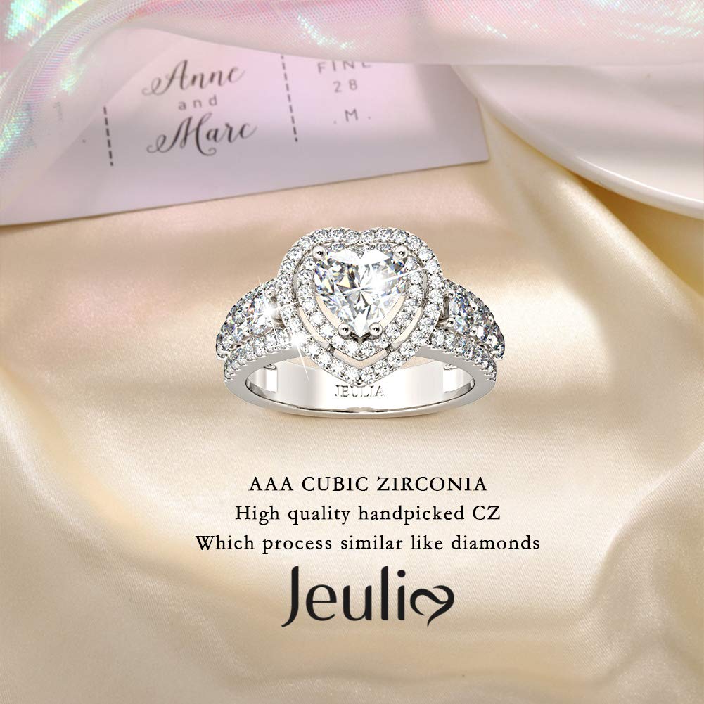 Jeulia Double Halo Heart Cut Ring 925 Sterling Silver CZ Solitaire Engagement Ring White Diamond Promise Rings with Side Stones Romantic Gift for Her (6.5)