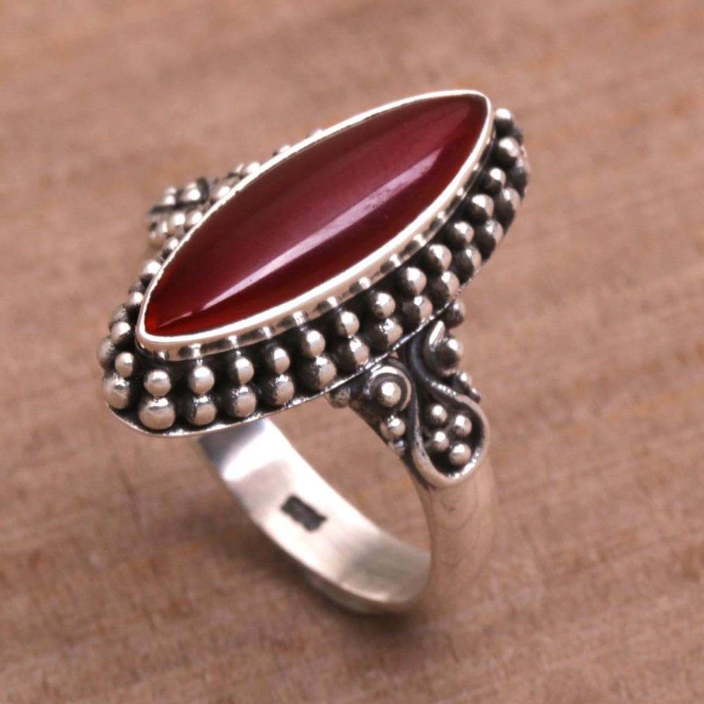 NOVICA Artisan Handmade Carnelian Ring Sterling .925 Sterling Silver Red Single Stone Indonesia Birthstone 'Fire and Courage'