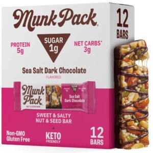 Munk Pack Nut & Seed Bar Sea Salt Dark Coco - 1g Sugar, Low Carb & Keto, 5g Protein - Gluten Free, Plant Based, Zero Added Sugar - Sweet & Salty Breakfast & Snack Bars, 12 Bars