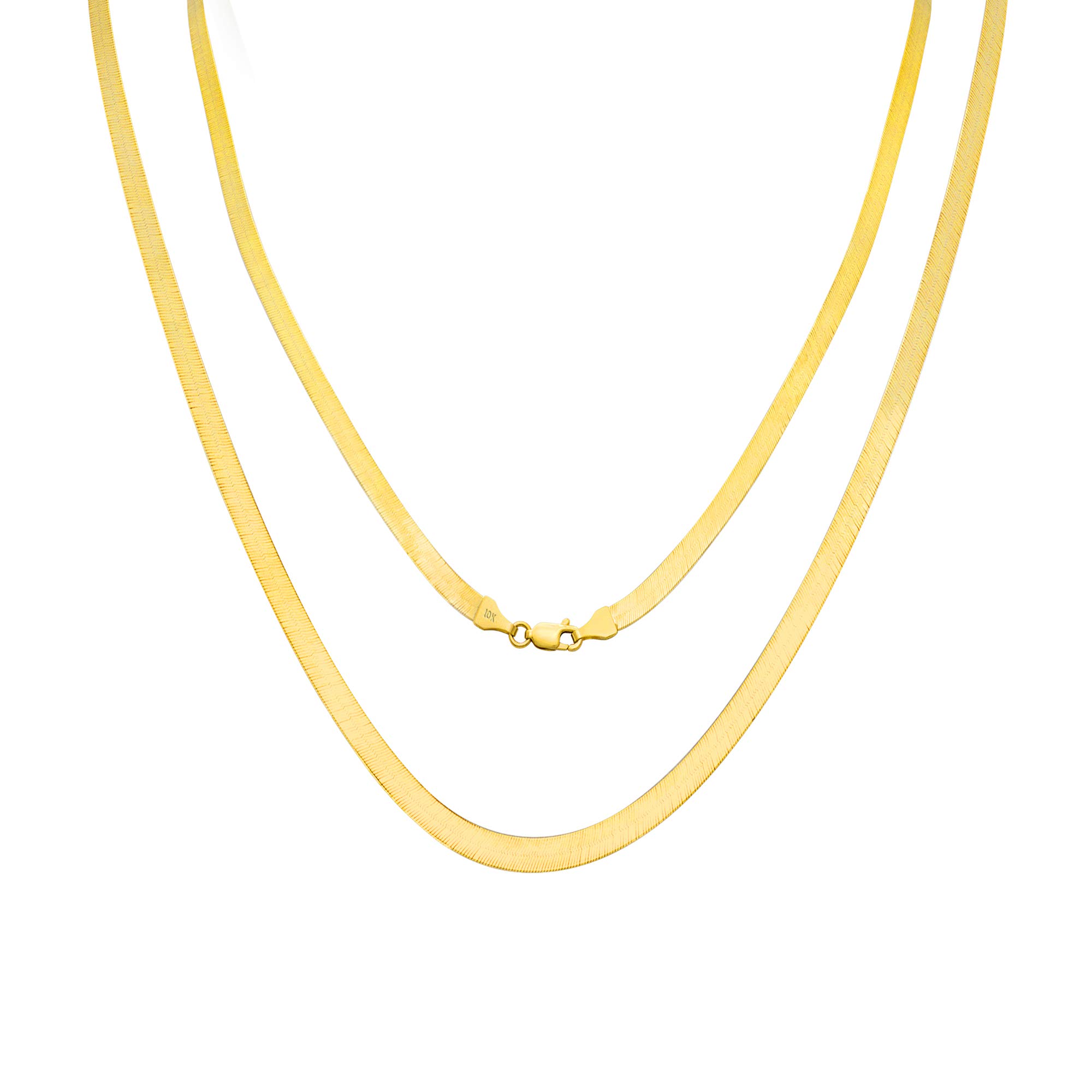 Nuragold 10k Yellow Gold 4mm Solid Herringbone Silky Flat High Polish Chain Necklace, Womens Lobster Clasp 16" 18" 20" 22" 24"