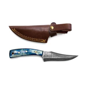 titan international knives 7.2" damascus hunting skinning knife 1095 high carbon steel fixed blade and blue dyed bone handle with leather sheath perfect for survival camping and outdoor activities