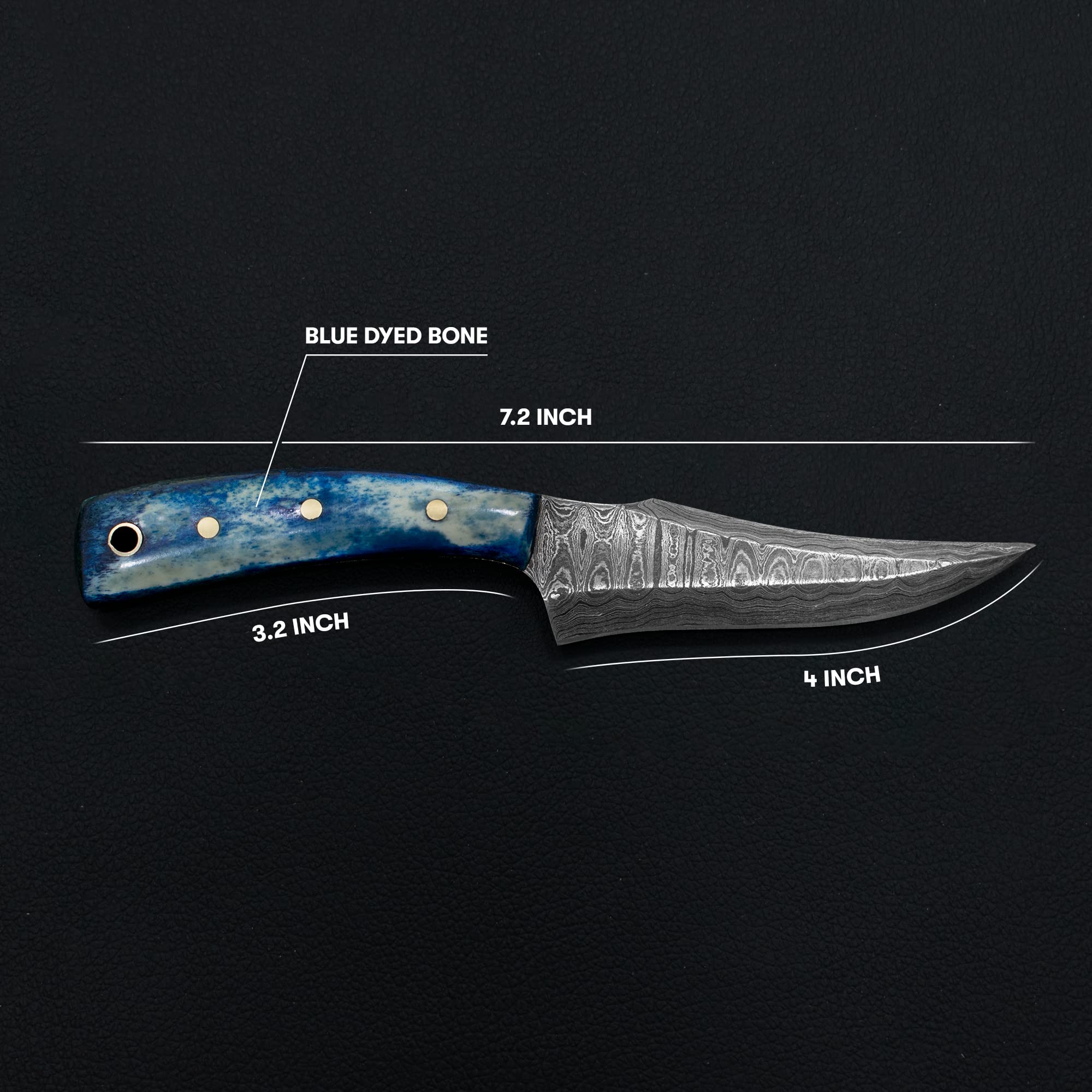 Titan International Knives 7.2" Damascus Hunting Skinning Knife 1095 High Carbon Steel Fixed Blade and Blue Dyed Bone Handle with Leather Sheath Perfect for Survival Camping and Outdoor Activities