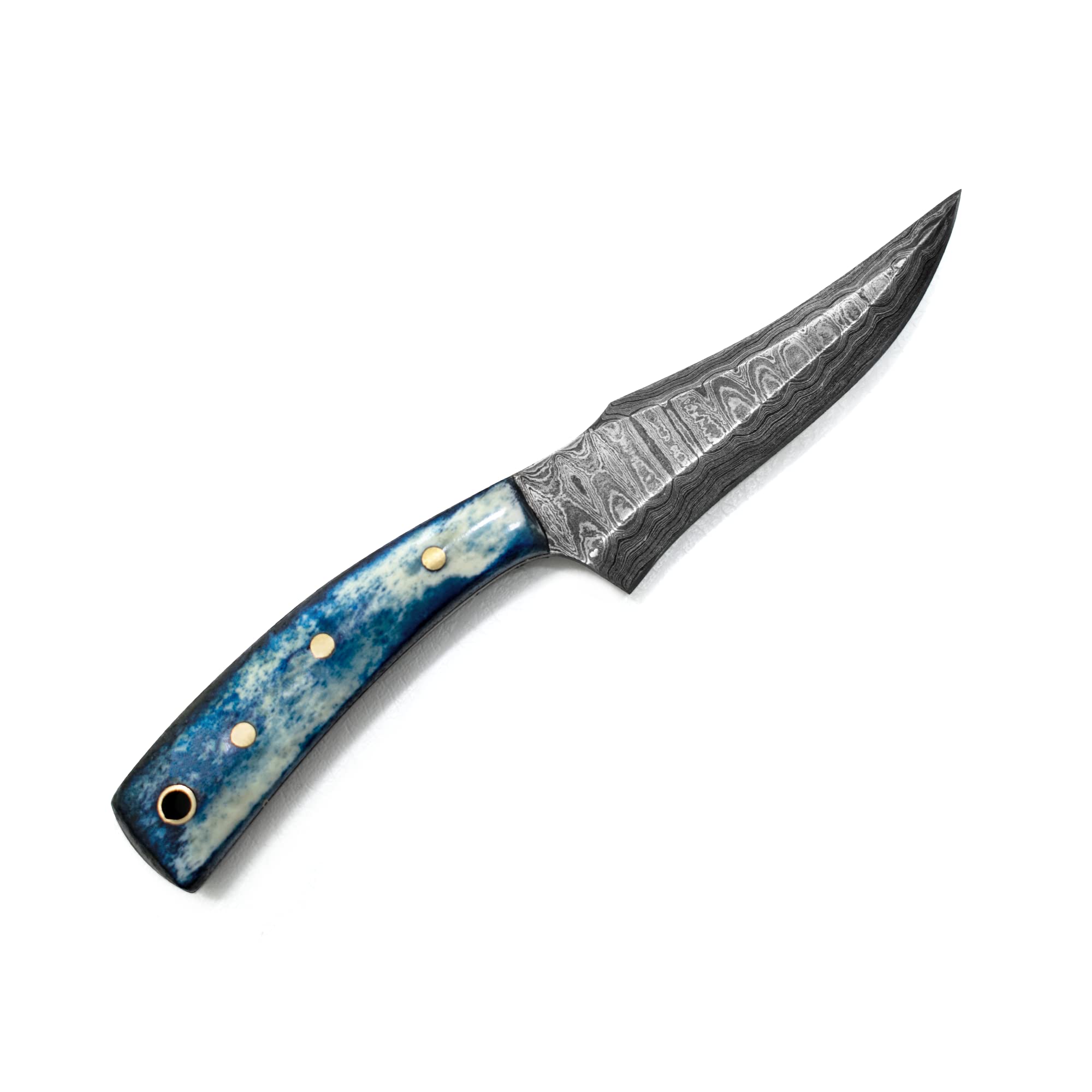 Titan International Knives 7.2" Damascus Hunting Skinning Knife 1095 High Carbon Steel Fixed Blade and Blue Dyed Bone Handle with Leather Sheath Perfect for Survival Camping and Outdoor Activities