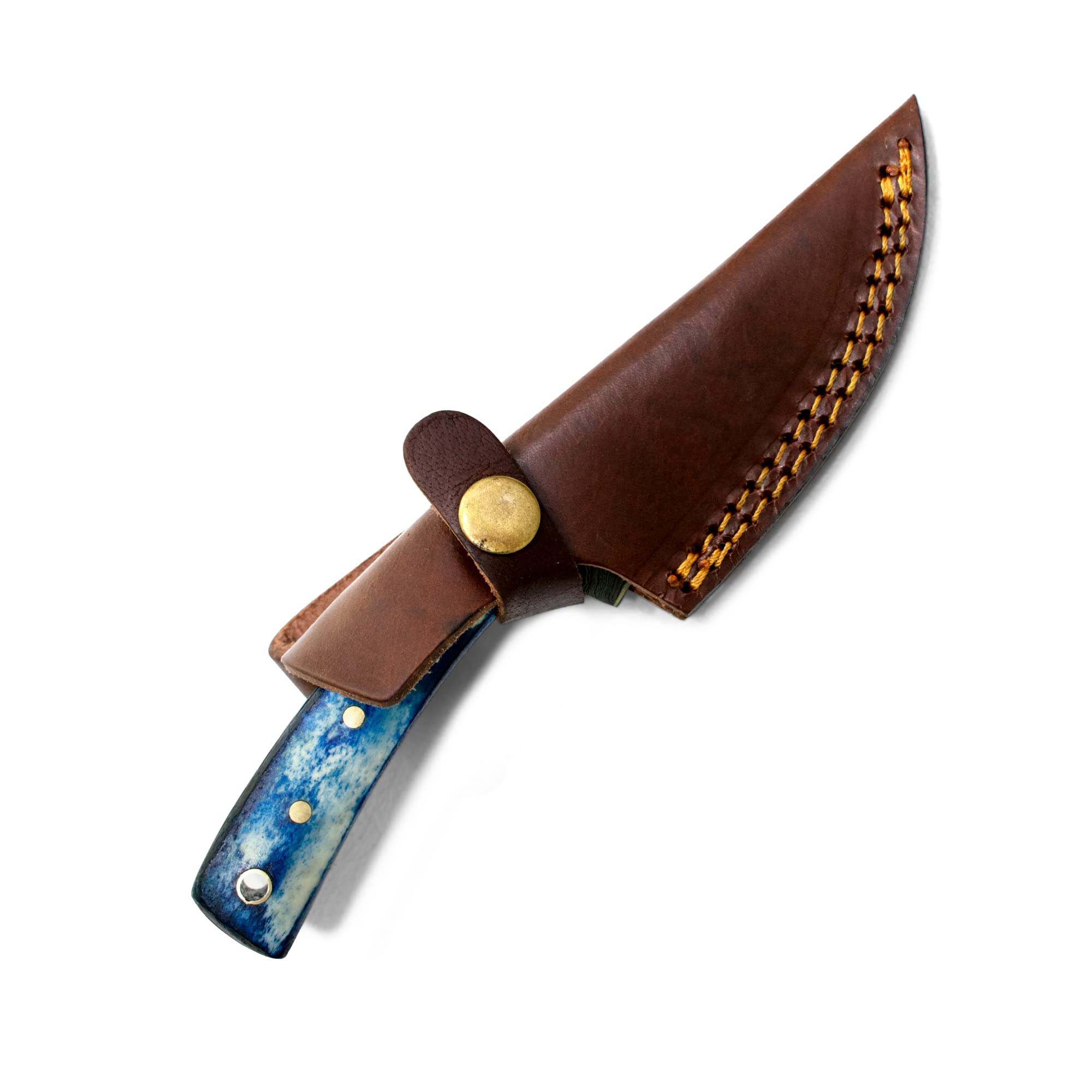 Titan International Knives 7.2" Damascus Hunting Skinning Knife 1095 High Carbon Steel Fixed Blade and Blue Dyed Bone Handle with Leather Sheath Perfect for Survival Camping and Outdoor Activities