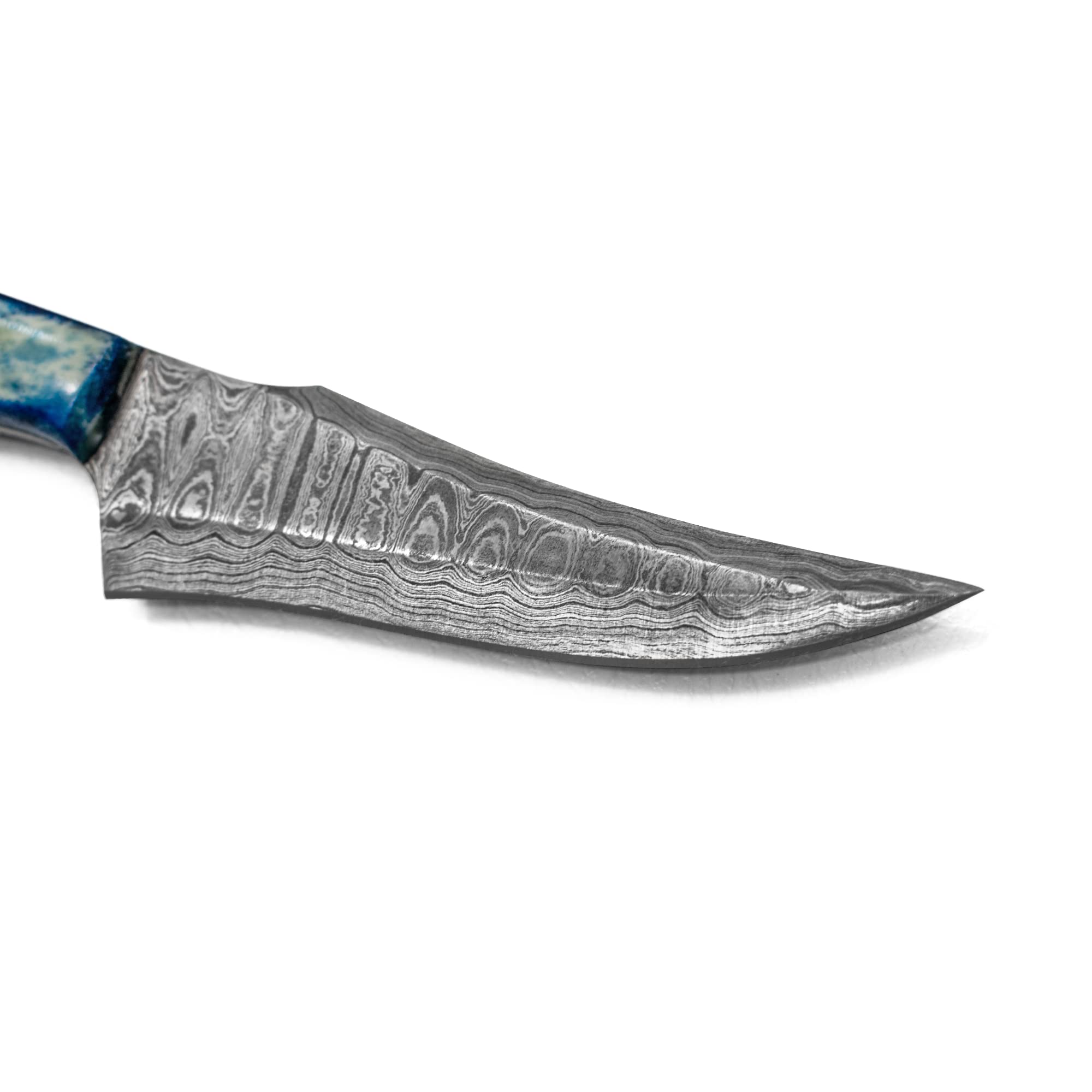 Titan International Knives 7.2" Damascus Hunting Skinning Knife 1095 High Carbon Steel Fixed Blade and Blue Dyed Bone Handle with Leather Sheath Perfect for Survival Camping and Outdoor Activities