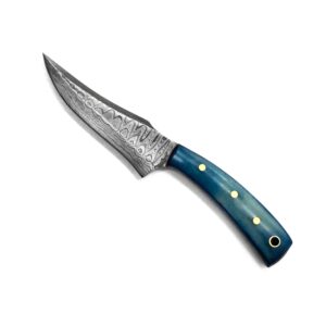 Titan International Knives 7.2" Damascus Hunting Skinning Knife 1095 High Carbon Steel Fixed Blade and Blue Dyed Bone Handle with Leather Sheath Perfect for Survival Camping and Outdoor Activities