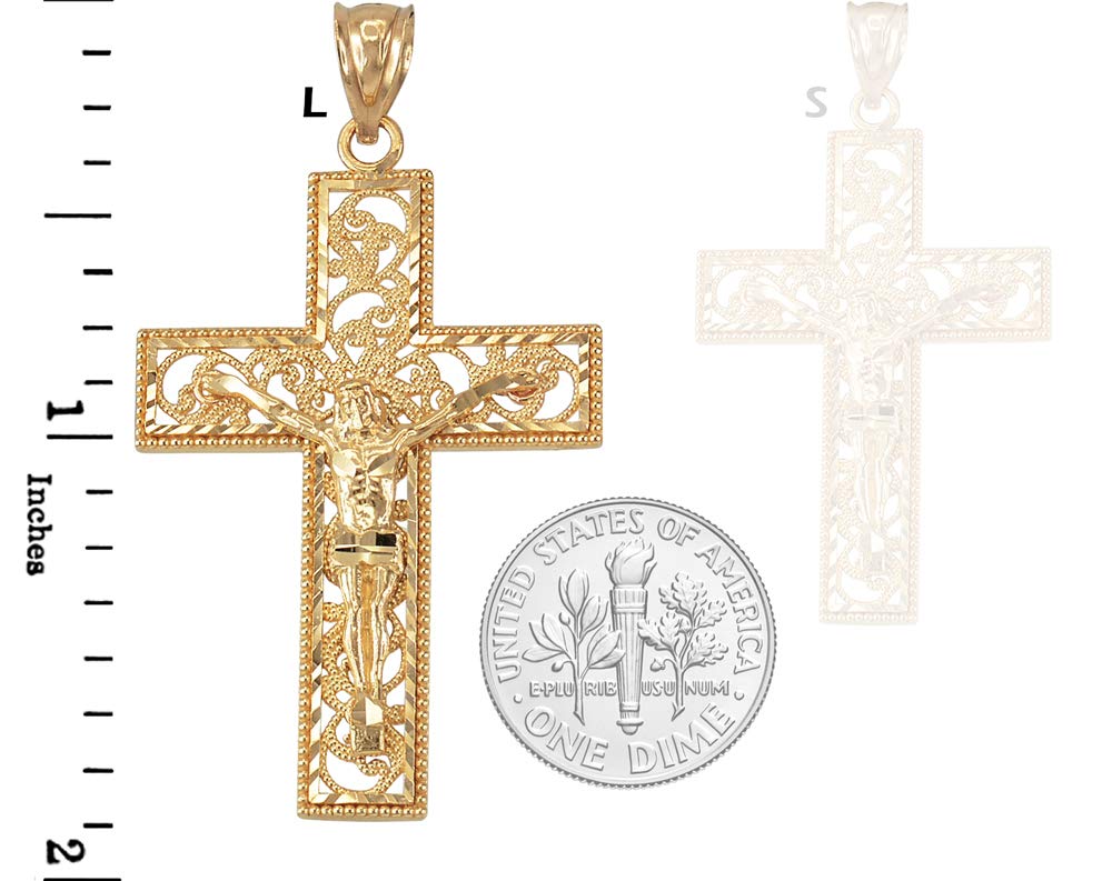 10K Yellow Gold Filigree Crucifix Cross DC Pendant (Large)