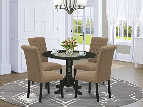 East West Furniture DLBR5-BLK-17 Dublin 5 Piece Kitchen Set Includes a Round Dining Room Table with Dropleaf and 4 Light Sable Linen Fabric Parsons Chairs, 42x42 Inch, Black