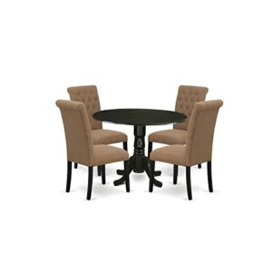 East West Furniture DLBR5-BLK-17 Dublin 5 Piece Kitchen Set Includes a Round Dining Room Table with Dropleaf and 4 Light Sable Linen Fabric Parsons Chairs, 42x42 Inch, Black