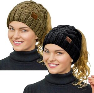 rosoz ponytail beanie for women,winter warm beanie tail soft stretch cable knit messy high bun hat