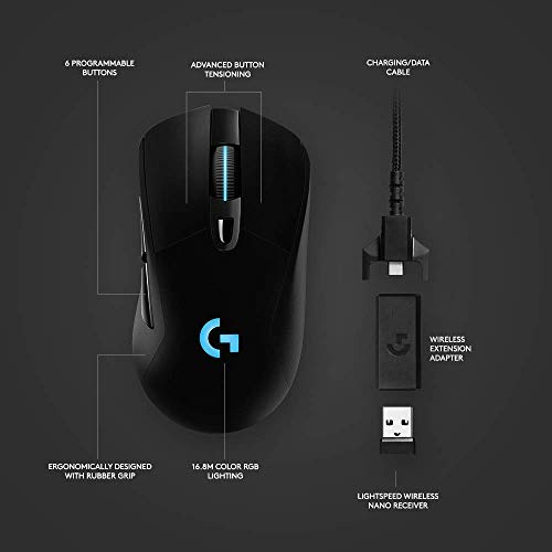 Logitech G703 Hero w/16K Sensor Lightspeed Wireless Gaming Mouse - Black (Renewed)