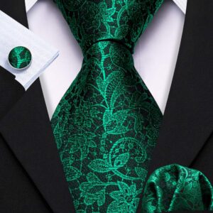 Barry.Wang Emerald Green Ties Silk Flower Paisley Necktie for Men Set Wedding St. Patrick's Day