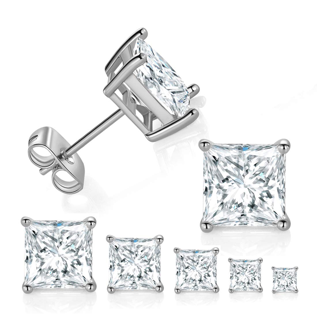 5 Pairs 18K White Gold Plated Princess Cut Clear Cubic Zirconia Stud Earring Pack