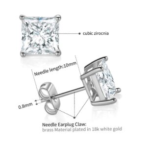 5 Pairs 18K White Gold Plated Princess Cut Clear Cubic Zirconia Stud Earring Pack