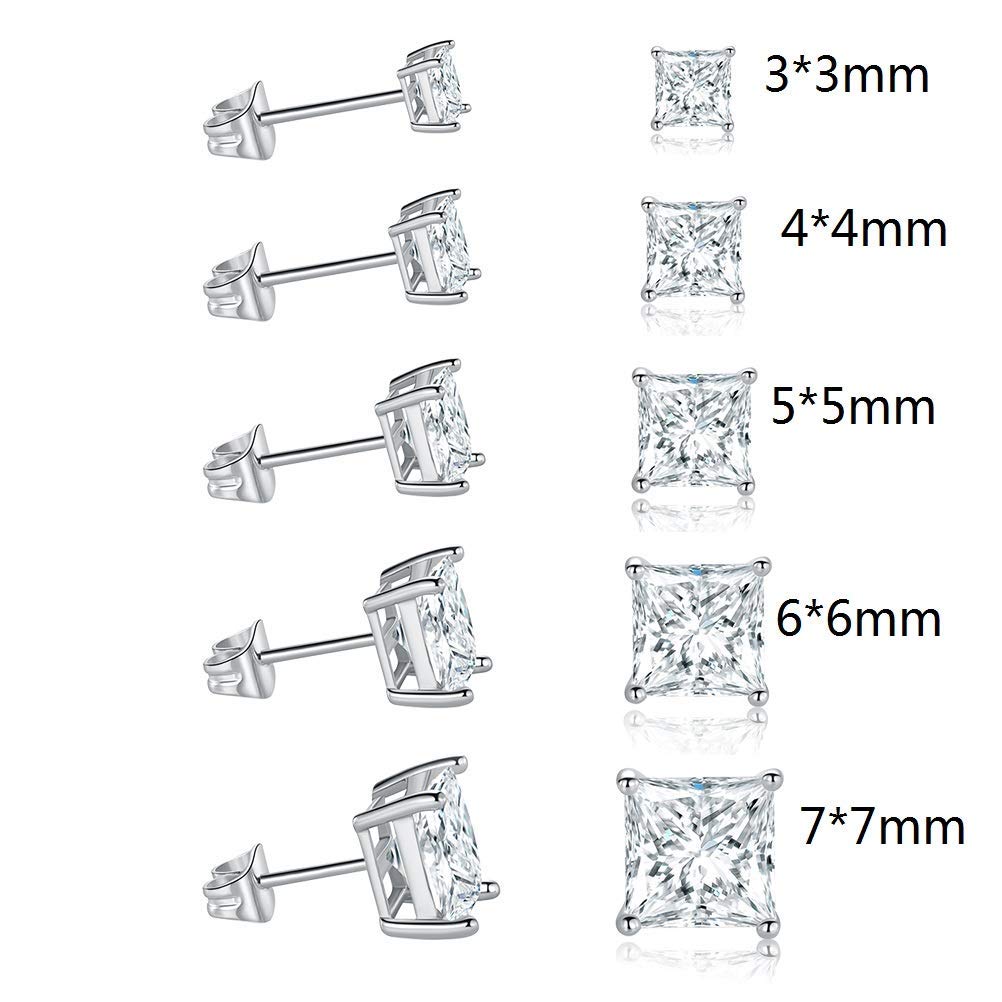 5 Pairs 18K White Gold Plated Princess Cut Clear Cubic Zirconia Stud Earring Pack