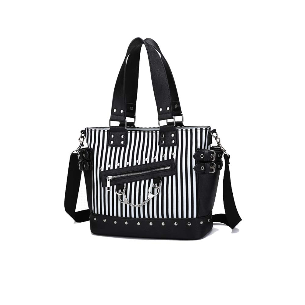 Women Fashion Rivet Handbag Purse Luminous Canvas Punk Tote with Shoulder Strap Crossbody Bag Large Capacity Black (Striped-Luminous)