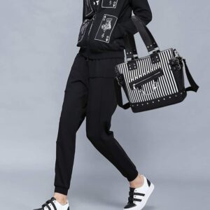 Women Fashion Rivet Handbag Purse Luminous Canvas Punk Tote with Shoulder Strap Crossbody Bag Large Capacity Black (Striped-Luminous)