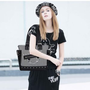 Women Fashion Rivet Handbag Purse Luminous Canvas Punk Tote with Shoulder Strap Crossbody Bag Large Capacity Black (Striped-Luminous)