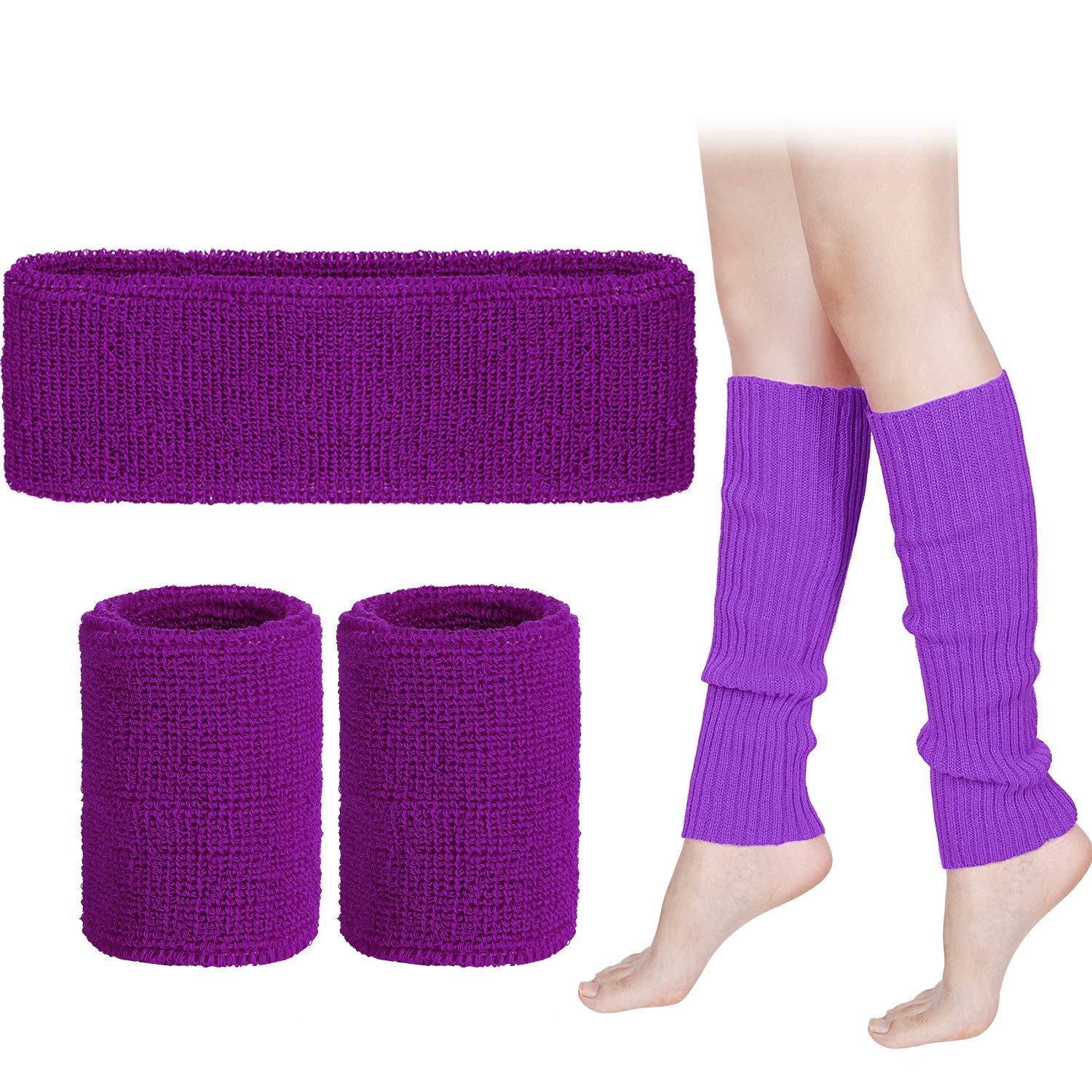 SATINIOR 80s Leg Warmers Set for Women Neon Workout Outfit, 80s Costumes Accessories Leg Warmers Running Headband Wristbands for Girls Party (Purple)