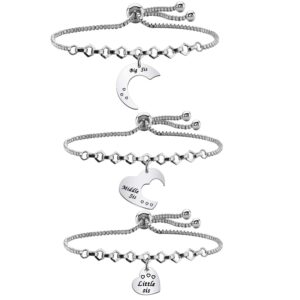 fustmw 3 sister bracelets big sis middle sis little sis 3 pieces matching heart bracelets of 3 sister jewelry gift for best friends 9 inch adjustable chain (silver)