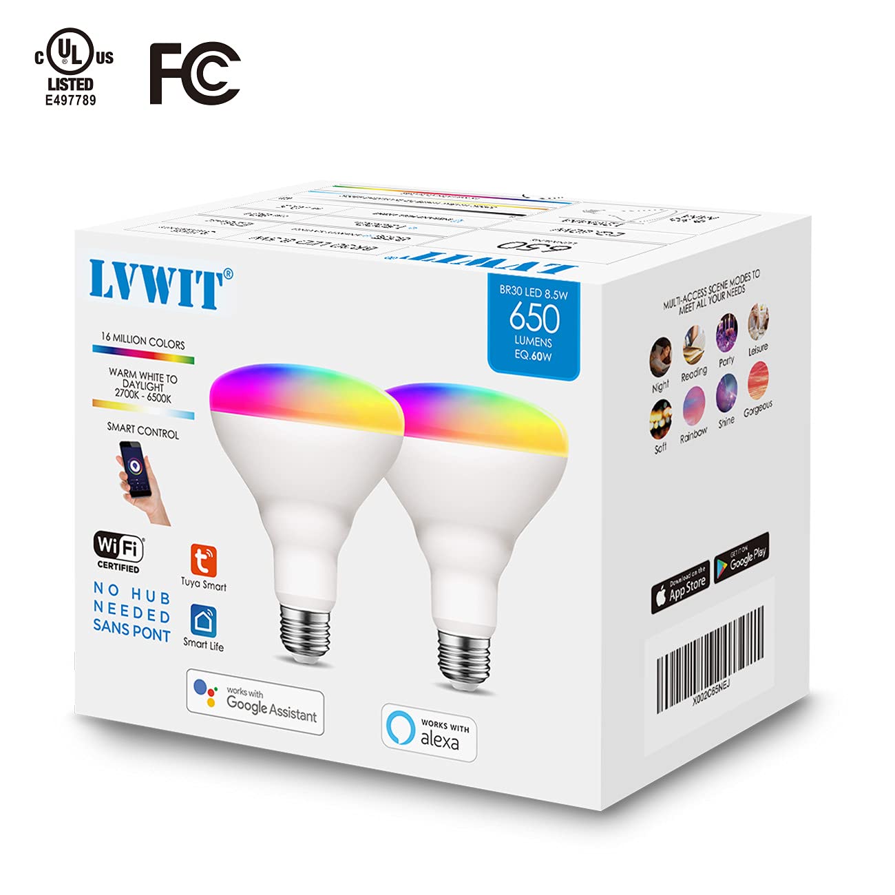 LVWIT Wi-Fi Smart Light Bulb Alexa, BR30 Smart LED, Work with Google Assistant, Smart Life App, Tuya App, 60W Equivalent, RGB Color Changing Light Bulbs (8.5W), No Hub Required, 2-Pack