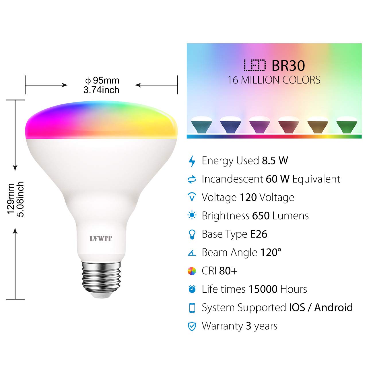 LVWIT Wi-Fi Smart Light Bulb Alexa, BR30 Smart LED, Work with Google Assistant, Smart Life App, Tuya App, 60W Equivalent, RGB Color Changing Light Bulbs (8.5W), No Hub Required, 2-Pack