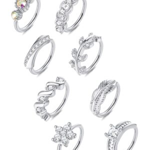 ORAZIO 8Pcs 20G Stainless Steel Nose Ring Hoop Paved CZ Leaf Cartilage Earring for Women Body Ear Piercing Hoop Ring for Nose Ear Cartilage