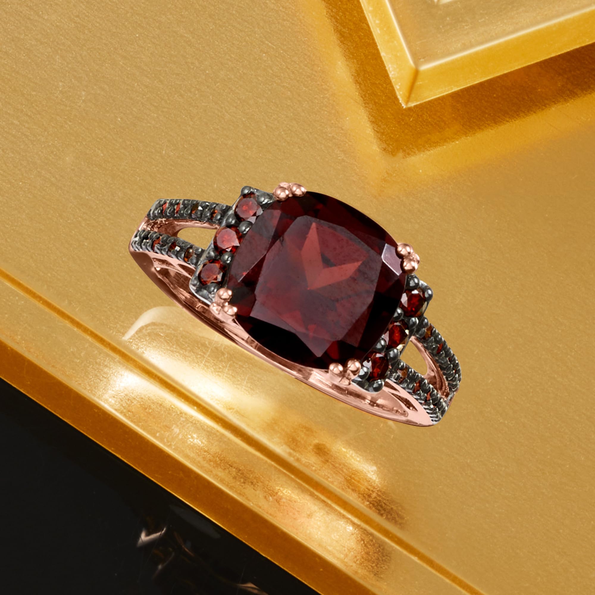 Ross-Simons 4.00 Carat Garnet and .31 ct. t.w. Red Diamond Ring in 14kt Rose Gold. Size 8