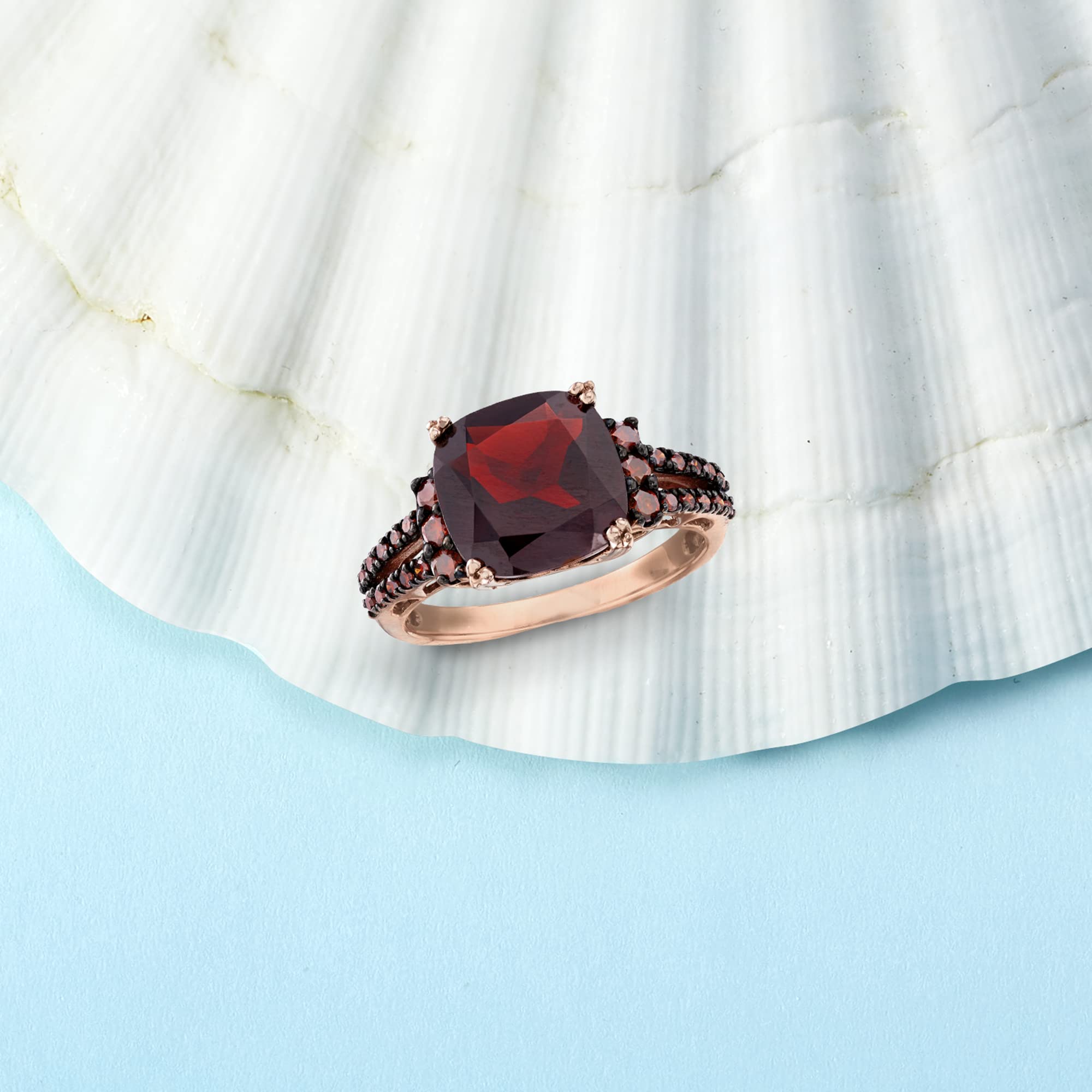 Ross-Simons 4.00 Carat Garnet and .31 ct. t.w. Red Diamond Ring in 14kt Rose Gold. Size 8