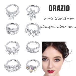 ORAZIO 8Pcs 20G Stainless Steel Nose Ring Hoop Paved CZ Leaf Cartilage Earring for Women Body Ear Piercing Hoop Ring for Nose Ear Cartilage