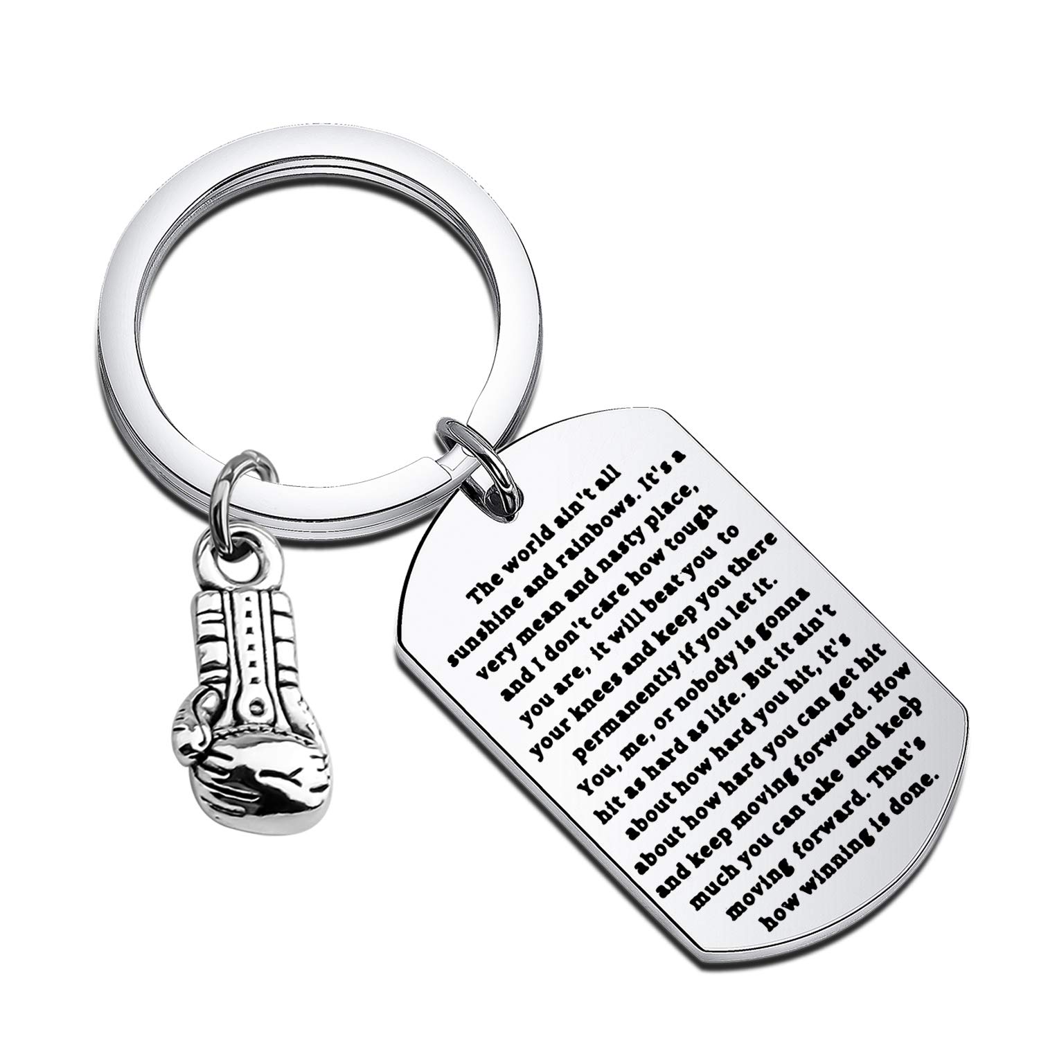 FEELMEM Boxing Keychain The World Ain't Sunshine and Rainbows Motivational Quote Boxing Glove Keychain Fitness Gifts Boxer Fan Gift Sport Lover Gift (silver)