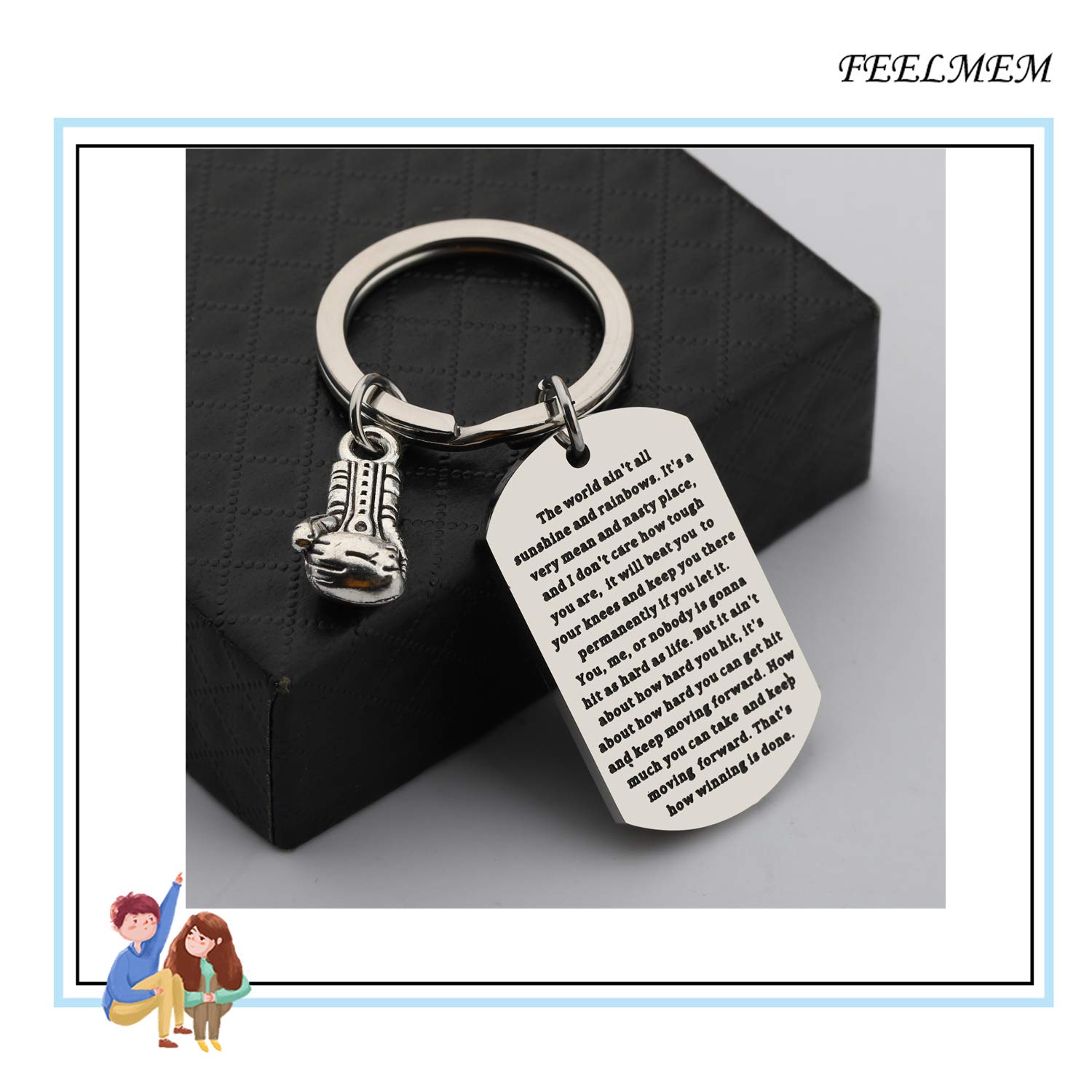 FEELMEM Boxing Keychain The World Ain't Sunshine and Rainbows Motivational Quote Boxing Glove Keychain Fitness Gifts Boxer Fan Gift Sport Lover Gift (silver)