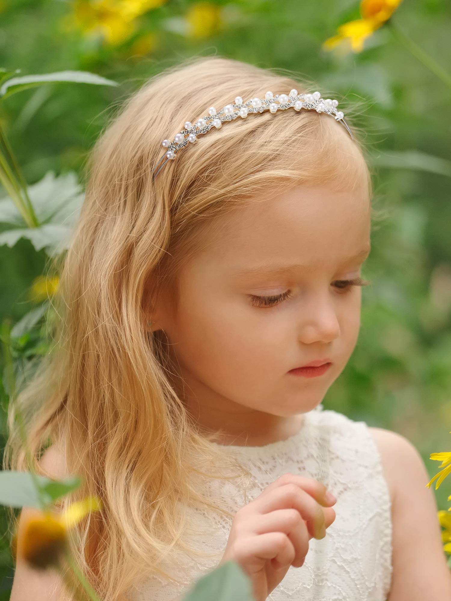 WILLBOND 2 Pieces Flower Girls Headpiece Princess Wedding Faux Pearls Rhinestone Headband Bridal Crystal Hairband Tiara for Flower Girls Toddler Crown Wedding Party Hair Accessory