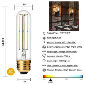 YFXRLIGHT Dimmable T10 LED Bulbs Warm White 2700K,6W LED Tubular Edison Bulbs 60 Watt Equivalent,550LM, E26 Medium Base Lamp Bulb for Desk Lamp, Pendant Lights,6Pack