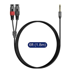 J&D XLR to 1/4inch (6.35mm) TRS Stereo Cable, 2 XLR Female to 6.35mm 1/4 inch TRS Male Unbalanced Interconnect Stereo Audio Cable for Speaker Mic Guitar Mixer AMP, 6 Feet