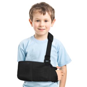 arm sling for kids, medical teens arm sling with waist strap, padded teenager arm support sling shoulder immobilizer for broken elbow, wrist, arm, shoulder injury, rotator cuff, left or right arm