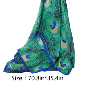 Women Silk Scarf Long Large Peacock Feather Print Wrap Shawl Scarves Headscarf