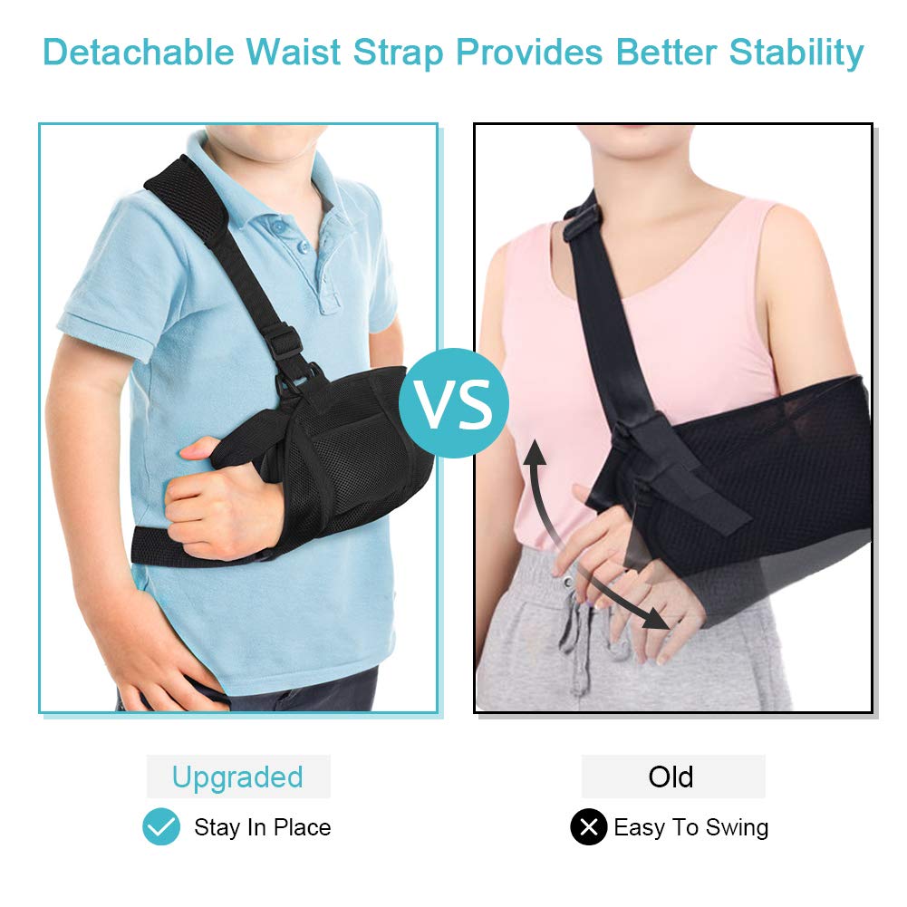 Arm Sling for Kids, Medical Teens Arm Sling with Waist Strap, Padded Teenager Arm Support Sling Shoulder Immobilizer for Broken Elbow, Wrist, Arm, Shoulder Injury, Rotator Cuff, Left or Right Arm