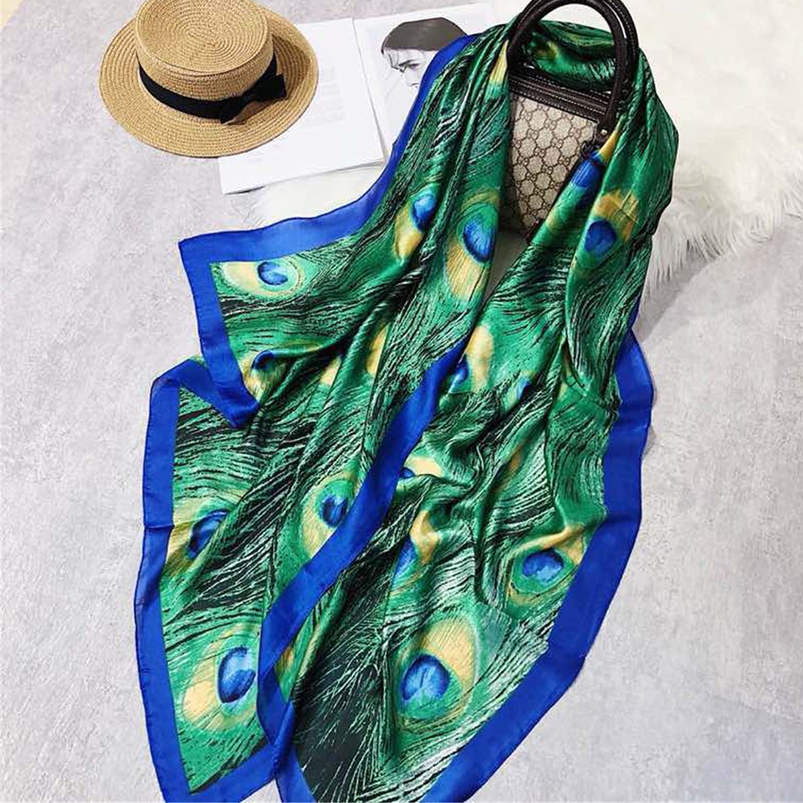 Women Silk Scarf Long Large Peacock Feather Print Wrap Shawl Scarves Headscarf